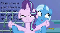 Size: 1280x710 | Tagged: safe, edit, edited screencap, screencap, princess celestia, starlight glimmer, trixie, pony, unicorn, all bottled up, g4, caption, floppy ears, image macro, kitchen, praise the sun, starlight glimmer is not amused, text, trixie's puppeteering, twilight's castle, unamused
