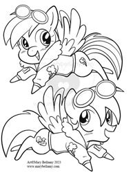 Size: 556x720 | Tagged: safe, artist:marybellamy, rainbow dash, soarin', pegasus, pony, g4, aviator goggles, black and white, bomber jacket, chibi, clothes, cute, duo, flying, goggles, grayscale, jacket, lineart, monochrome, patreon, patreon reward, simple background, smiling, watermark, white background, wonderbolts