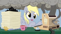Size: 1920x1080 | Tagged: artist needed, safe, derpy hooves, bat, pegasus, pony, g4, bell, computer, female, food, muffin, mug, plushie, smoke, solo, studiowhy