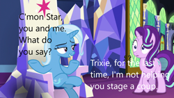 Size: 1280x720 | Tagged: safe, edit, edited screencap, screencap, starlight glimmer, trixie, pony, unicorn, all bottled up, g4, caption, coup, image macro, text, throne, twilight's castle