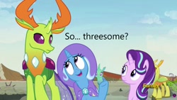 Size: 1280x720 | Tagged: safe, edit, edited screencap, screencap, starlight glimmer, thorax, trixie, changedling, changeling, pony, unicorn, g4, to change a changeling, caption, female, image macro, implied group sex, implied sex, implied threesome, king thorax, lesbian, ship:startrix, shipping, text