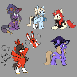 Size: 5000x5000 | Tagged: safe, artist:blondiemutt, earth pony, pegasus, pony, unicorn, amber (genshin impact), baron bunny (genshin impact), clothes, diluc (genshin impact), female, genshin impact, gray background, hat, jean (genshin impact), lisa (genshin impact), male, mare, mona (genshin impact), ponified, simple background, stallion, witch hat