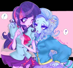 Size: 1117x1038 | Tagged: safe, alternate version, artist:fox1well1, trixie, twilight sparkle, human, equestria girls, g4, blushing, female, human coloration, humanized, lesbian, ship:twixie, shipping