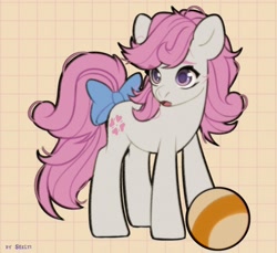 Size: 1200x1097 | Tagged: safe, artist:shelti, sundance, earth pony, pony, g1, g4, abstract background, ball, bow, colored pupils, female, g1 to g4, generation leap, mare, open mouth, solo, standing, tail, tail bow