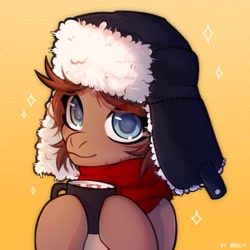 Size: 2000x2000 | Tagged: safe, artist:shelti, oc, oc only, oc:owl, earth pony, pony, bust, chocolate, clothes, colored pupils, female, food, gradient background, hat, high res, hoof hold, hot chocolate, looking at you, mare, marshmallow, mug, scarf, solo, ushanka