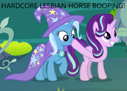 Size: 665x480 | Tagged: safe, edit, edited screencap, screencap, starlight glimmer, trixie, pony, unicorn, g4, boop, caption, female, image macro, implied lesbian, lesbian, scrunchy face, ship:startrix, shipping, text