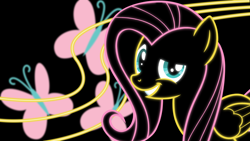 Size: 1920x1080 | Tagged: safe, artist:blackgryph0n, artist:rdbrony16, artist:wildtiel, edit, fluttershy, pegasus, pony, g4, black background, cutie mark, female, looking at you, mare, neon, simple background, smiling, smiling at you, solo, wallpaper, wallpaper edit