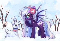 Size: 2900x2000 | Tagged: safe, artist:shelti, oc, oc only, bat pony, pony, bat wings, bell, colored pupils, commission, day, earmuffs, female, freckles, high res, mare, outdoors, raised hoof, sky, snow, snowpony, solo, spread wings, standing, stick, tree, wings