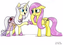 Size: 3492x2476 | Tagged: safe, artist:killerteddybear94, fluttershy, lily lace, pegasus, pony, unicorn, g4, blushing, cute, duo, floppy ears, high res, looking at each other, open mouth, shyabetes, smiling, traditional art, yellow skin