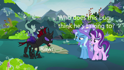 Size: 1280x720 | Tagged: safe, edit, edited screencap, screencap, pharynx, starlight glimmer, trixie, changeling, pegasus, pony, g4, to change a changeling, caption, image macro, text