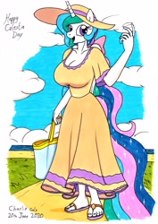 Size: 2478x3492 | Tagged: safe, artist:killerteddybear94, princess celestia, alicorn, anthro, plantigrade anthro, g4, bag, beckoning, big breasts, breasts, busty princess celestia, celestia day, cleavage, clothes, cute, cutelestia, dress, feet, female, flip-flops, hat, high res, huge breasts, inviting, looking at you, mare, open mouth, ponytail, sandals, smiling, solo, sun hat, sundress, traditional art