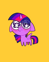 Size: 1074x1368 | Tagged: safe, artist:petaltwinkle, part of a set, twilight sparkle, alicorn, pony, g4, chibi, eye shimmer, floppy ears, simple background, solo, starry eyes, twilight sparkle (alicorn), wingding eyes, yellow background