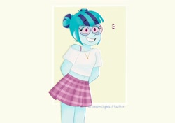 Size: 2048x1440 | Tagged: safe, artist:sunsetslight, sonata dusk, human, equestria girls, g4, adorkable, alternate hairstyle, clothes, cute, dork, ear piercing, earring, female, glasses, hair bun, hands behind back, jewelry, mole, piercing, skirt, smiling, solo, sonatabetes