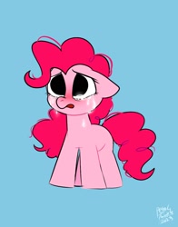 Size: 1074x1368 | Tagged: safe, artist:petaltwinkle, pinkie pie, earth pony, pony, g4, blue background, crying, female, mare, sad, simple background, solo