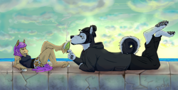 Size: 3898x1984 | Tagged: safe, artist:pyszka, oc, oc only, oc:alaskan, oc:anima labuse, bird, dog, earth pony, anthro, semi-anthro, alaskan malamute, arm hooves, cigarette, clothes, cloud, curly tail, dress, frog (hoof), hoodie, hoof hold, hooves, long tail, ocean, paws, short hair, sunset, tail, underhoof, wall, water