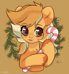 Size: 1856x2000 | Tagged: safe, artist:shelti, oc, oc only, earth pony, pony, candy, candy cane, colored pupils, female, food, hoof hold, mare, request, simple background, solo, unshorn fetlocks, wreath, yellow background