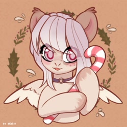 Size: 1988x2000 | Tagged: safe, artist:shelti, oc, oc only, pegasus, pony, bust, candy, candy cane, choker, colored pupils, ear fluff, female, food, freckles, hoof hold, mare, orange background, request, simple background, solo, spread wings, wings, wreath