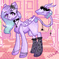 Size: 400x400 | Tagged: safe, artist:vivantae, oc, oc:soda sadie, original species, pegasus, plant pony, pony, animated, blinking, clothes, collar, female, gif, jewelry, mare, moving, necklace, pixel art, pixelated, plant, purple mane, socks, solo, tail, tailmouth, wings