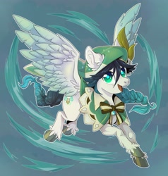Size: 3182x3349 | Tagged: safe, artist:earldarii, pegasus, pony, abstract background, genshin impact, hat, high res, male, open mouth, ponified, simple background, stallion, venti (genshin impact)