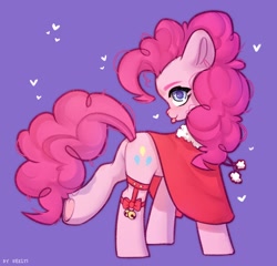 Size: 1200x1154 | Tagged: safe, artist:shelti, pinkie pie, earth pony, pony, g4, :p, bell, butt, colored pupils, female, heart, mare, plot, purple background, raised leg, shawl, simple background, solo, tongue out, underhoof