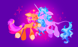 Size: 1280x766 | Tagged: safe, artist:webkinzworldz, izzy moonbow, sunny starscout, earth pony, pony, unicorn, g5, blaze (coat marking), coat markings, colored hooves, colored horn, duo, ears back, eyeshadow, facial markings, female, freckles, gradient background, hoof polish, horn, kiss on the lips, kissing, leonine tail, lesbian, makeup, purple background, ship:moonscout, shipping, socks (coat markings), sparkles, tail