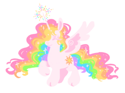 Size: 1280x952 | Tagged: safe, artist:webkinzworldz, princess celestia, alicorn, pony, g4, alternate hairstyle, chubby, cloven hooves, colored eyelashes, ethereal hair, ethereal mane, ethereal tail, eyes closed, eyeshadow, female, makeup, mare, missing accessory, multicolored hair, rainbow hair, rainbow tail, raised hoof, simple background, smiling, solo, sparkly mane, sparkly tail, spread wings, tail, white background, wings