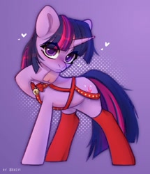 Size: 1722x2000 | Tagged: safe, artist:shelti, twilight sparkle, pony, unicorn, g4, bell, bow, clothes, colored pupils, female, frown, heart, hoof heart, horn, looking at you, mare, purple background, raised hoof, simple background, socks, solo, standing, tack, underhoof, unicorn twilight