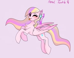 Size: 1368x1074 | Tagged: safe, artist:petaltwinkle, oc, oc only, oc:petal twinkle, pegasus, pony, :p, chest fluff, concave belly, ear fluff, eye clipping through hair, eyelashes, female, gradient hair, gradient mane, gradient tail, looking at you, mare, one eye closed, rearing, simple background, slender, solo, tail, thin, tongue out, wink, winking at you