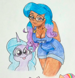 Size: 1920x1980 | Tagged: safe, artist:jackudoggy, izzy moonbow, human, pony, unicorn, g5, my little pony: tell your tale, breasts, busty izzy moonbow, dark skin, glasses, humanized, self paradox, self ponidox, tongue out, traditional art