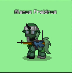 Size: 832x847 | Tagged: safe, oc, oc only, oc:alamus freidrus, changeling, pony, assault rifle, changeling oc, clothes, crystal curtain: world aflame, gas mask, green background, gun, helmet, insidiic changeling, m16, mask, military uniform, rifle, simple background, solo, uniform, weapon