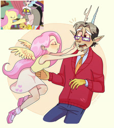 Size: 2148x2412 | Tagged: safe, artist:misskali, discord, fluttershy, human, discordant harmony, g4, clothes, duo, elf ears, emanata, female, glasses, high res, horn, horned humanization, humanized, male, necktie, scene interpretation, screencap reference, ship:discoshy, shipping, skirt, straight, sweater, winged humanization, wings