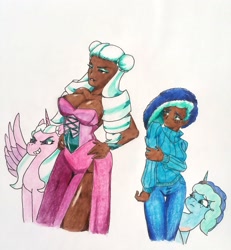 Size: 2988x3233 | Tagged: safe, artist:jackudoggy, misty brightdawn, opaline arcana, alicorn, human, pony, unicorn, g5, my little pony: tell your tale, spoiler:g5, breasts, busty opaline arcana, clothes, dark skin, denim, dress, duo, duo female, female, freckles, high res, humanized, jeans, pants, self paradox, self ponidox, traditional art, turtleneck