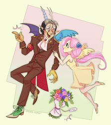 Size: 2100x2350 | Tagged: safe, artist:misskali, discord, fluttershy, human, g4, armband, bouquet of flowers, chaos star, clothes, coattails, dress, duo, female, flower, flower in hair, high res, horn, horned humanization, humanized, male, ship:discoshy, shipping, straight, suit, winged humanization, wings