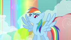 Size: 1280x720 | Tagged: safe, screencap, rainbow dash, pegasus, pony, g4, sleepless in ponyville, rainbow, rainbow waterfall, sky, solo, spread wings, wings, winsome falls
