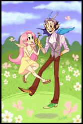 Size: 2000x3000 | Tagged: safe, artist:misskali, discord, fluttershy, butterfly, human, g4, clothes, dress, duo, female, floating, flower, gloves, high res, horn, horned humanization, humanized, male, outdoors, sandals, ship:discoshy, shipping, shoes, smiling, straight, vest, winged humanization, wings