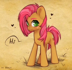 Size: 1470x1432 | Tagged: safe, artist:shelti, babs seed, earth pony, pony, g4, blushing, colored eyebrows, colored pupils, dirt, ear blush, female, floating heart, freckles, grass, heart, heart eyes, hi, looking at you, mare, older, outdoors, solo, speech bubble, standing, talking to viewer, wingding eyes