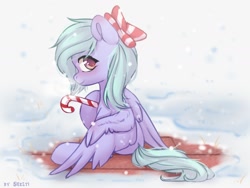 Size: 2000x1500 | Tagged: safe, artist:shelti, flitter, pegasus, pony, g4, bow, candy, candy cane, colored pupils, cute, female, flitterbetes, food, hoof hold, looking at you, looking back, looking back at you, mare, outdoors, sitting, smiling, snow, solo, spread wings, wings
