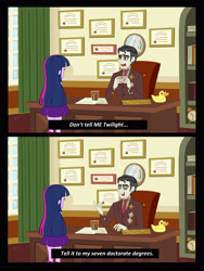 Size: 2800x3721 | Tagged: safe, artist:misskali, discord, twilight sparkle, human, equestria girls, g4, 2 panel comic, chaos star, chocolate, chocolate milk, clothes, comic, desk, diploma, duo, duo male and female, equestria girls-ified, female, frown, glasses off, high res, looking at each other, looking at someone, male, milk, necktie, office, open mouth, open smile, rubber duck, smiling, suit