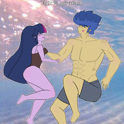 Size: 1242x1241 | Tagged: safe, artist:egtwiflash, flash sentry, twilight sparkle, human, equestria girls, g4, breasts, clothes, female, male, ocean, ship:flashlight, shipping, straight, swimming, swimsuit, underwater, water