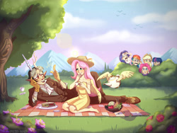 Size: 4000x3000 | Tagged: safe, artist:misskali, applejack, discord, fluttershy, pinkie pie, rainbow dash, rarity, twilight sparkle, human, g4, 2020, barefoot, clothes, dress, elf ears, feet, female, food, fruit, gloves, hat, hiding in bushes, high res, horn, horned humanization, humanized, male, mane six, mountain, outdoors, picnic blanket, rarity being rarity, sandwich, ship:discoshy, shipping, shoes, spying, straight, suit, teapot, tree, winged humanization, winged teapot, wings
