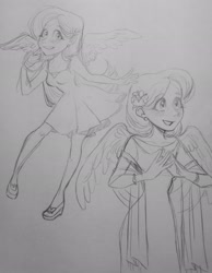 Size: 1588x2048 | Tagged: safe, artist:misskali, fluttershy, human, g4, 2022, clothes, dress, female, flower, flower in hair, humanized, monochrome, sketch, traditional art, winged humanization, wings