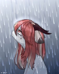 Size: 2000x2500 | Tagged: safe, artist:shelti, oc, oc only, pony, colored pupils, commission, ears back, female, frown, high res, horn, looking up, outdoors, rain, sad, sitting, sky, solo, wet, wet mane
