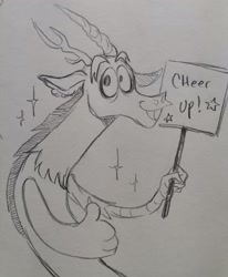 Size: 1688x2048 | Tagged: safe, artist:misskali, discord, draconequus, g4, 2023, male, monochrome, pencil drawing, positive message, sign, smiling, solo, sparkles, thumbs up, traditional art