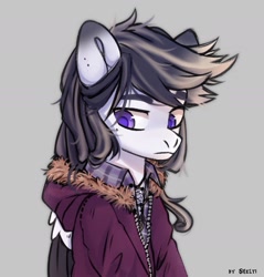 Size: 1905x1991 | Tagged: safe, artist:shelti, oc, oc only, pegasus, pony, clothes, colored pupils, commission, folded wings, frown, gradient ears, gray background, jacket, jewelry, long sleeves, looking back, male, necklace, shirt, simple background, solo, stallion, undershirt, wings