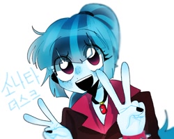 Size: 1000x801 | Tagged: safe, artist:jjoby_0525, sonata dusk, human, equestria girls, g4, :d, double peace sign, female, hangul, open mouth, open smile, peace sign, smiling, solo