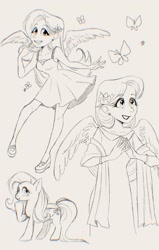 Size: 1303x2048 | Tagged: safe, artist:misskali, fluttershy, butterfly, human, pegasus, pony, g4, chromatic aberration, clothes, dress, female, flower, flower in hair, humanized, monochrome, sketch, traditional art, winged humanization, wings
