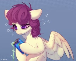 Size: 2500x2000 | Tagged: safe, artist:shelti, oc, oc only, pegasus, pony, bags under eyes, blue background, bust, can, colored pupils, commission, drink, dripping, female, frown, high res, hoof hold, mare, partially open wings, simple background, sitting, solo, spilling, tired, wings