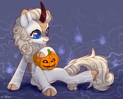 Size: 2500x2000 | Tagged: safe, artist:shelti, oc, oc only, kirin, art trade, cloven hooves, colored pupils, female, grin, halloween, high res, holiday, horn, jack-o-lantern, kirin horn, leg fluff, leonine tail, pumpkin, scales, sitting, smiling, solo, tail