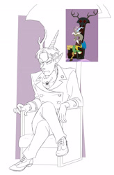 Size: 2592x3960 | Tagged: safe, artist:misskali, discord, human, g4, the return of harmony, clothes, elf ears, frown, high res, horn, horned humanization, humanized, male, monochrome, scene interpretation, screencap reference, solo, suit, throne