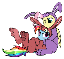 Size: 5900x5500 | Tagged: safe, artist:dacaoo, fluttershy, rainbow dash, pegasus, pony, g4, animal costume, blushing, bunny costume, bunny ears, clothes, costume, cute, dashabetes, duo, duo female, female, lesbian, one eye closed, paw pads, ship:flutterdash, shipping, shyabetes, simple background, transparent background, wings